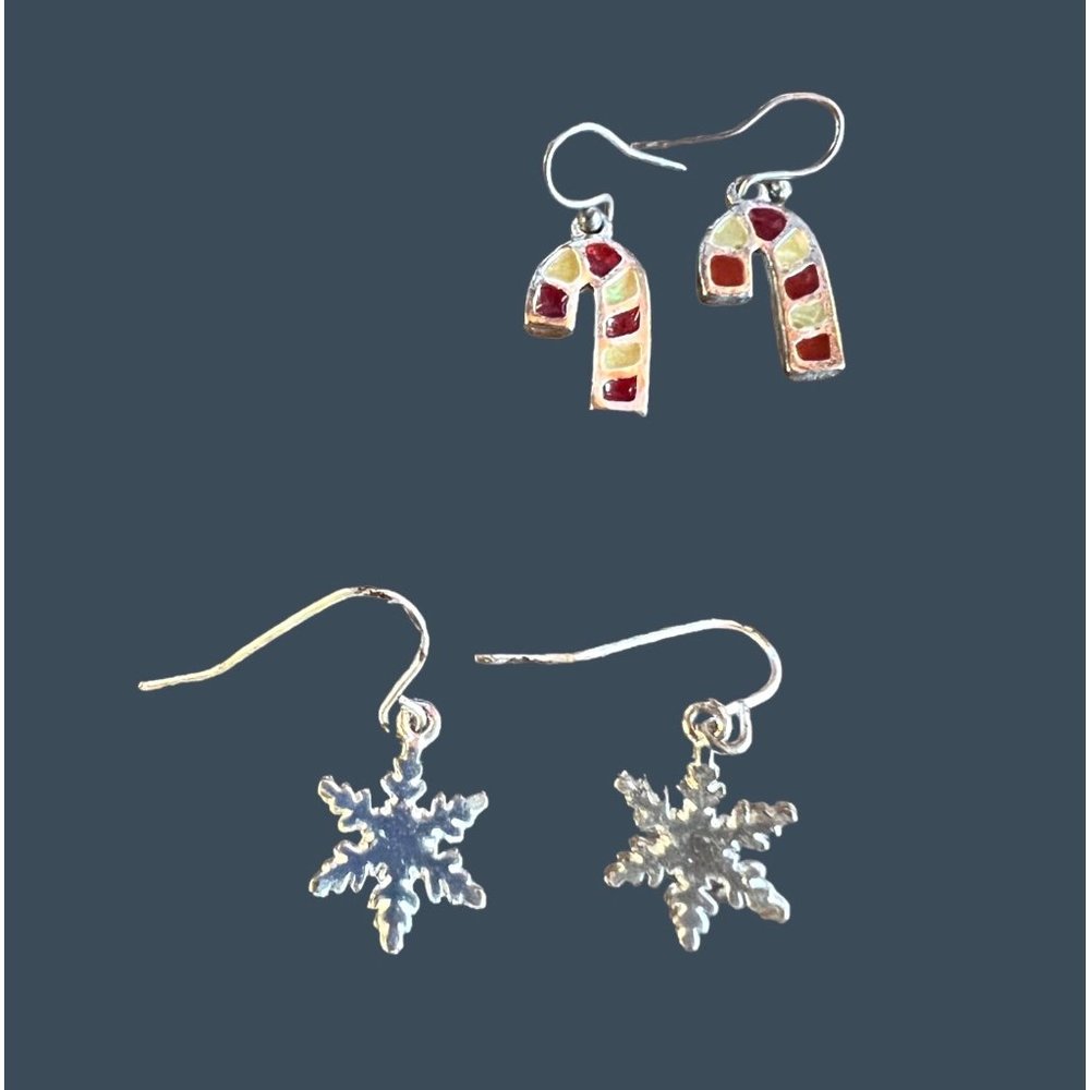 Christmas Holiday Candy Cane Snowflake Shepherd Hook Earrings - Picture 2 of 8
